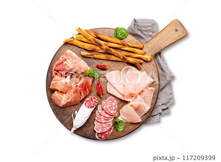 Antipasto board with various meat and snacks 117209399