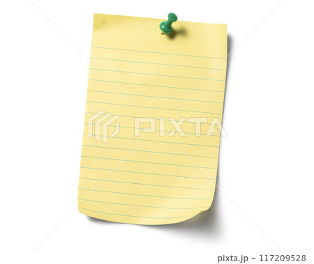 画鋲で壁に留められたメモ用紙のテクスチャー 117209528