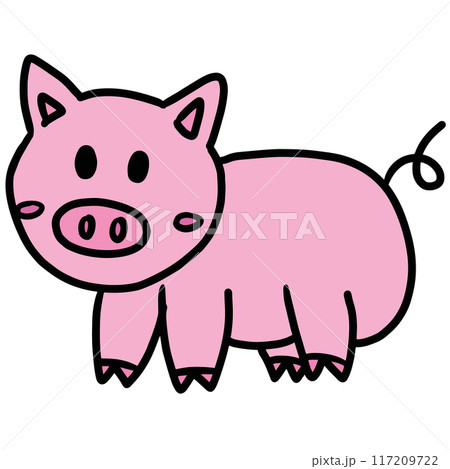 Hand drawn pink pig for animal, farm, zoo, souvenir shop, cartoon character, comic, mascot, pet, vet, cute patches, shirt print, plush toy, kid doll, brooch, countryside, rural area, standee, sticker 117209722