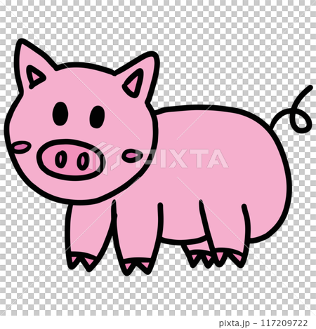 Hand drawn pink pig for animal, farm, zoo, souvenir shop, cartoon character, comic, mascot, pet, vet, cute patches, shirt print, plush toy, kid doll, brooch, countryside, rural area, standee, sticker 117209722