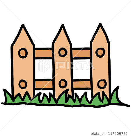 Hand drawn wood fence and green grass for house, home, buildings, architecture, plants, tree, nature, garden, blossom, blooming, green space, farm, countryside, spring, summer, yard, rural area 117209723