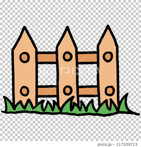 Hand drawn wood fence and green grass for house, home, buildings, architecture, plants, tree, nature, garden, blossom, blooming, green space, farm, countryside, spring, summer, yard, rural area 117209723