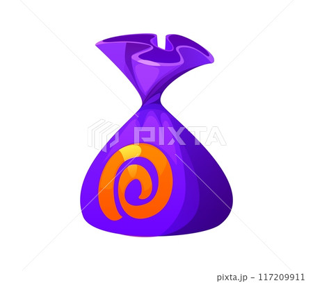 Cartoon Halloween holiday sweets and desserts. Isolated vector purple candy bag with orange swirl pattern on the front. Violet sack is tied at the top filled with treat for party and trick-or-treating 117209911
