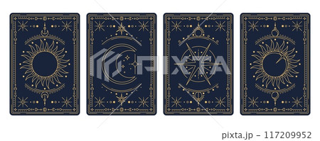 Tarot cards with magic occult and esoteric symbols and mystic signs, vector reverse decks. Tarot cards with golden line sun, moon crescent and star in celestial frames with sacred geometry design 117209952