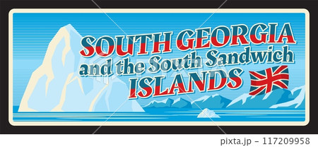South Georgia and the South Sandwich Islands, British overseas territories. Vector travel plate, vintage tin sign, retro postcard design. Plaque with SGSSI landscape with icebergs and flag 117209958