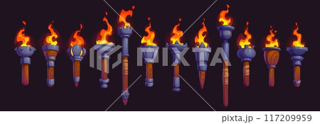 Medieval fire torch, game asset. Cartoon vector ancient burning brands with wooden handles and metal holders at the top, emitting vibrant flames. Isolated gui flaming torchlight or lighting flambeau Medieval fire torch, game asset. Cartoon vector ancient burning brands with wooden handles and metal holders at the top, emitting vibrant flames. Isolated gui flaming torchlight or lighting flambeau 117209959