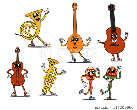 Cartoon retro groovy musical instrument characters. Tuba, guitar, violin, banjo, trumpet, or maracas with happy expressions. Isolated vector playful musical anthropomorphic instrument in vintage style 117209960