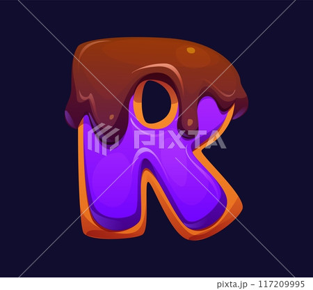 Letter R cartoon purple candy with a chocolate topping, confectionery alphabet, sweets typeface, font, cookie type. Isolated vector typography letterform symbol as dessert with glossy and shiny glaze 117209995