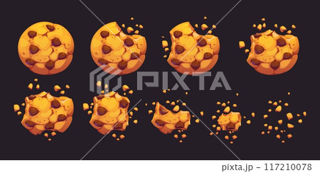 Crumble biscuit cookie animated sprite. Cartoon vector crunchy dessert with chocolate chips whole and bitten disappear animation. Isolated homemade bakery pieces, 2d gui elements sequence frame Crumble biscuit cookie animated sprite. Cartoon vector crunchy dessert with chocolate chips whole and bitten disappear animation. Isolated homemade bakery pieces, 2d gui elements sequence frame 117210078