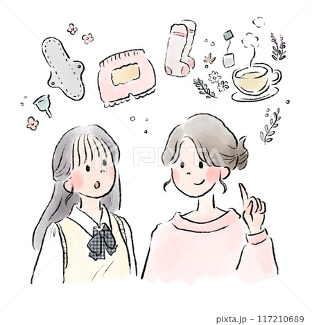 女子高生の娘に生理の時に大切なものを教えている母親 女子高生の娘に生理の時に大切なものを教えている母親 117210689
