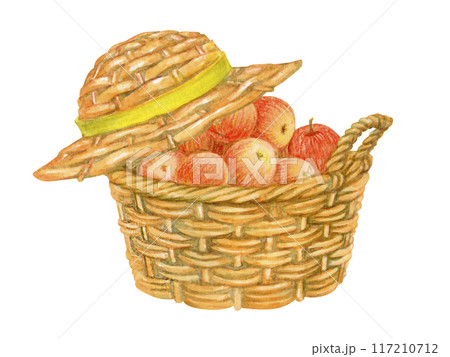 Wicker basket full of apples, covered with hat on one side. Harvest. Watercolor garden clipart of fruit basket for postcard, textile, packaging. Isolated hand drawn illustration for sticker or label 117210712
