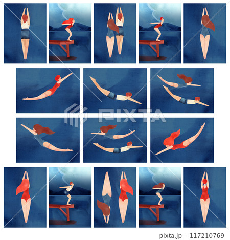 Swimmers, diving, scuba diving, summer holidays at water resorts. Sports, hobbies and recreation. Set of watercolor templates for cards. Swimmers, diving, scuba diving, summer holidays at water resorts. Sports, hobbies and recreation. Set of watercolor templates for cards. 117210769
