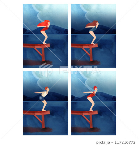 Swimmers, diving, scuba diving, summer holidays at water resorts. Sports, hobbies and recreation. Set of watercolor templates for cards. Swimmers, diving, scuba diving, summer holidays at water resorts. Sports, hobbies and recreation. Set of watercolor templates for cards. 117210772