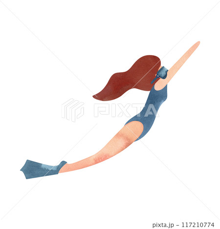A woman swims underwater in fins and a mask. Watercolor isolated illustration for the design of diplomas and sports certificates, advertising of swimming pools, competitions and resorts. A woman swims underwater in fins and a mask. Watercolor isolated illustration for the design of diplomas and sports certificates, advertising of swimming pools, competitions and resorts. 117210774