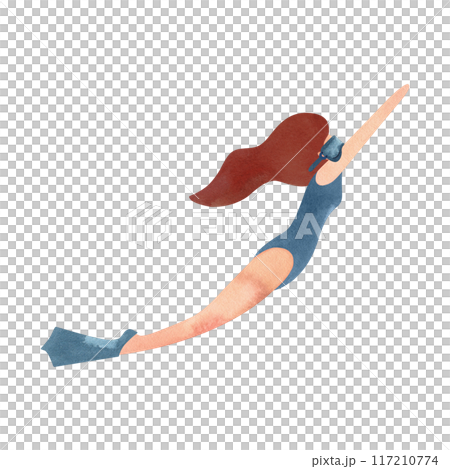 A woman swims underwater in fins and a mask. Watercolor isolated illustration for the design of diplomas and sports certificates, advertising of swimming pools, competitions and resorts. A woman swims underwater in fins and a mask. Watercolor isolated illustration for the design of diplomas and sports certificates, advertising of swimming pools, competitions and resorts. 117210774