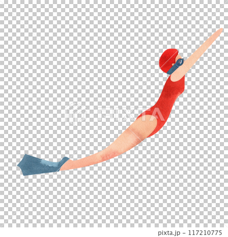 A woman swims underwater in fins and a mask. Watercolor isolated illustration for the design of diplomas and sports certificates, advertising of swimming pools, competitions and resorts. 117210775