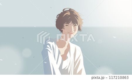 a beautiful Asian woman with short hair in a white dress is smiling happily at the beach with the sea horizon in the background a beautiful Asian woman with short hair in a white dress is smiling happily at the beach with the sea horizon in the background 117210863