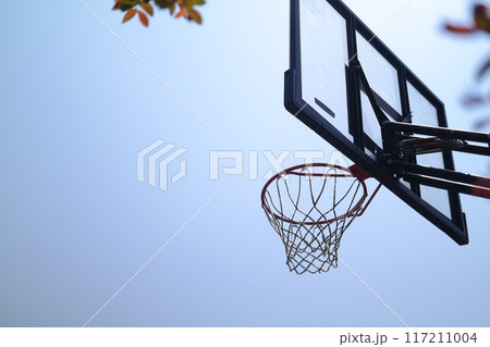 Silhouette of a basketball hoop against a blue sky	 117211004