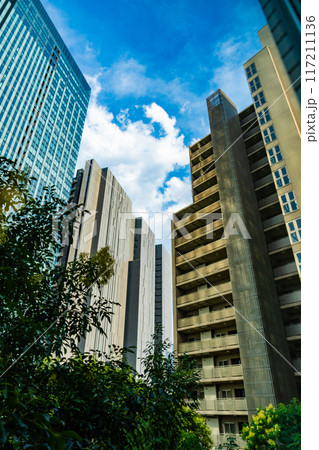 高層ビルを見上げるオフィス街の風景 117211136