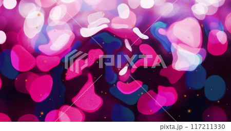 Image of yellow light spots over pink and blue shapes on black background Image of yellow light spots over pink and blue shapes on black background 117211330