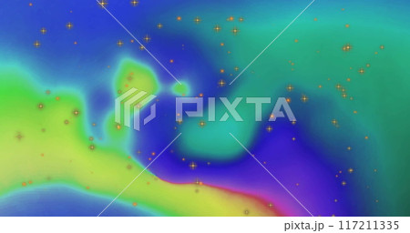 Image of yellow light spots over colourful shapes on blue background 117211335