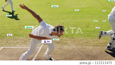 Image of social media icons with growing numbers over diverse male cricket players 117211475