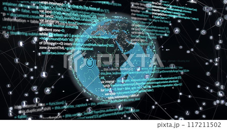 Image of digital data processing over connections and globe Image of digital data processing over connections and globe 117211502
