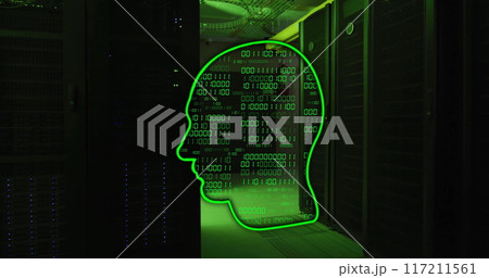 Binary code and human head image over data servers in dark room Binary code and human head image over data servers in dark room 117211561