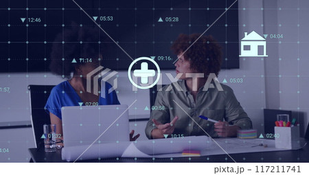 Image of financial data processing over diverse business people in office 117211741