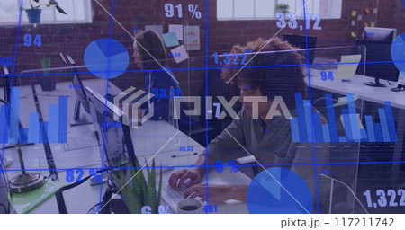 Image of financial data processing over diverse business people in office Image of financial data processing over diverse business people in office 117211742