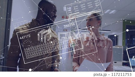 Image of financial data processing over diverse business people in office Image of financial data processing over diverse business people in office 117211753