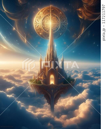 雲の上に浮かぶ幽玄な夢幻の輝く神の国　ai生成画像 117211797