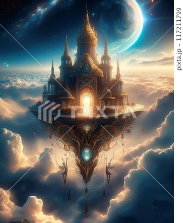 雲の上に浮かぶ幽玄な夢幻の黄金の神の国　ai生成画像 117211799