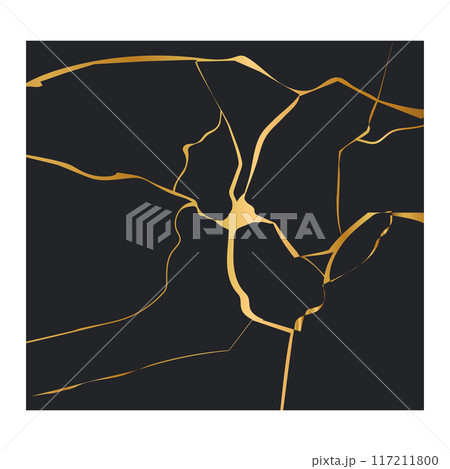 Kintsugi gold simple break lines, asian geaometric crackle. Surface with crack print, effect. Moderm cover golden broken texture. 117211800