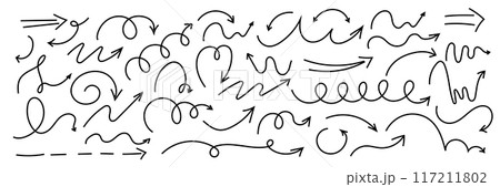 Spiral arrow doodle, wavy twist minimal squiggly line set. Curve comic turn way direction. Playful quirky simple free hand elements. Spiral arrow doodle, wavy twist minimal squiggly line set. Curve comic turn way direction. Playful quirky simple free hand elements. 117211802