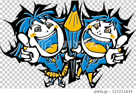 Illustration of male and female students holding pencils <Junior high school students, high school students, uniforms, blazers, two people, pencil, studying, pointing> 117211834