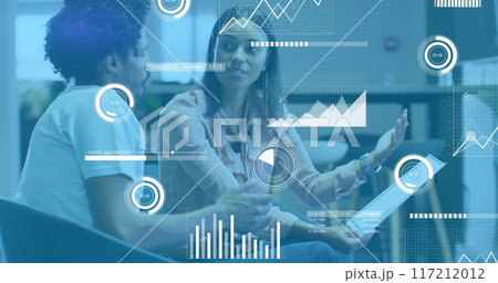 Image of financial data processing over diverse colleagues discussing work in office Image of financial data processing over diverse colleagues discussing work in office 117212012