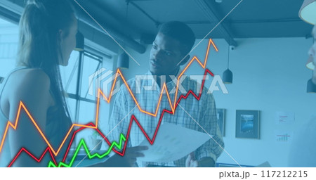 Image of financial data processing over diverse colleagues discussing work in office Image of financial data processing over diverse colleagues discussing work in office 117212215