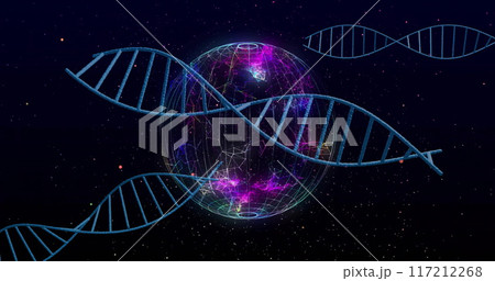 DNA strands and digital globe, scientific data processing image DNA strands and digital globe, scientific data processing image 117212268