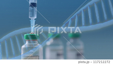 Syringe drawing liquid from vial over DNA strand image Syringe drawing liquid from vial over DNA strand image 117212272