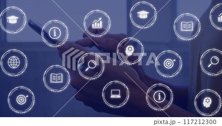 Image of communication icons over hands of biracial woman using tablet 117212300