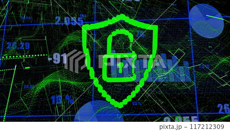 Image of data processing and padlock icon over dark background Image of data processing and padlock icon over dark background 117212309