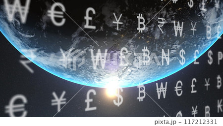 Image of currency symbols and digital data processing over globe on dark background 117212331