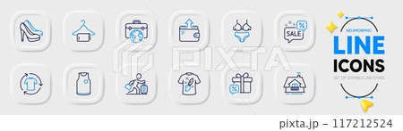 Lingerie, Travel delay and T-shirt line icons for web app. Pack of Businessman case, Discounts bubble, T-shirt design pictogram icons. Clean towel, Balcony, Sale gift signs. Wallet. Vector 117212524