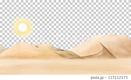 Watercolor desert dunes and sand landscape with shining sun hand drawn illustration isolated on white. Monochrome African nature sketch in beige and yellow colors. Panoramic horizontal clipart 117212573