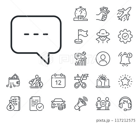 Speech bubble sign. Salaryman, gender equality and alert bell outline icons. Chat line icon. Communication or Comment symbol. Blog line sign. Spy or profile placeholder icon. Vector 117212575