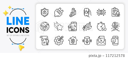 Fingerprint access, Falling star and Smile line icons set for app include Electric plug, Settings gear, Bitcoin system outline thin icon. Shield, Like app, Manual doc pictogram icon. Vector 117212578