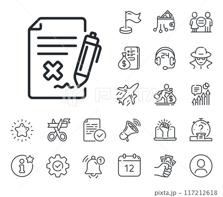 Decline document sign. Salaryman, gender equality and alert bell outline icons. Reject file line icon. Delete file. Reject file line sign. Spy or profile placeholder icon. Vector 117212618