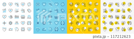 Vector icons set of Update relationships, Say yes and Heart line icons pack for web with My love, Romantic dinner, Man love outline icon. Heart beat, Genders, Friendship pictogram. Vector 117212623