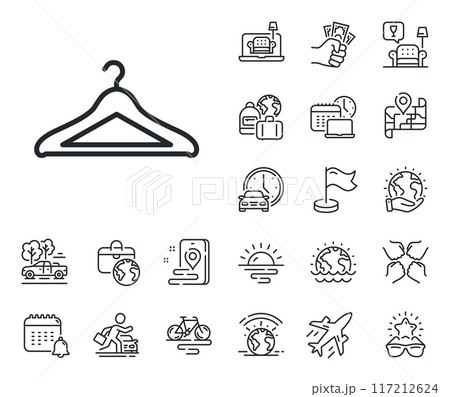 Hanger wardrobe sign. Plane jet, travel map and baggage claim outline icons. Cloakroom line icon. Clothes service symbol. Cloakroom line sign. Car rental, taxi transport icon. Place location. Vector 117212624